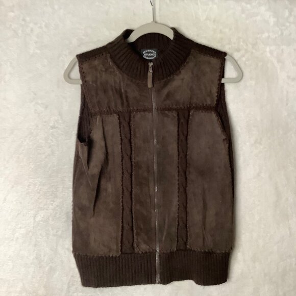 Vtg Designer Originals Women Small Brown Sleeveless Zip Up Vest 100% Suede Front - Picture 7 of 7